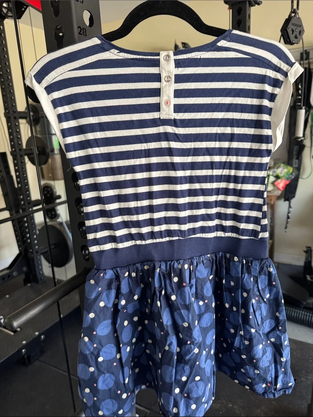 Girls Navy & White Striped Casual Dress with Polka Dot Skirt